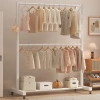 Floor-standing clothes rack, cream-style mobile double-layer coat rack for the bedroom, temporary clothes storage and hanging rack for the living room details Picture